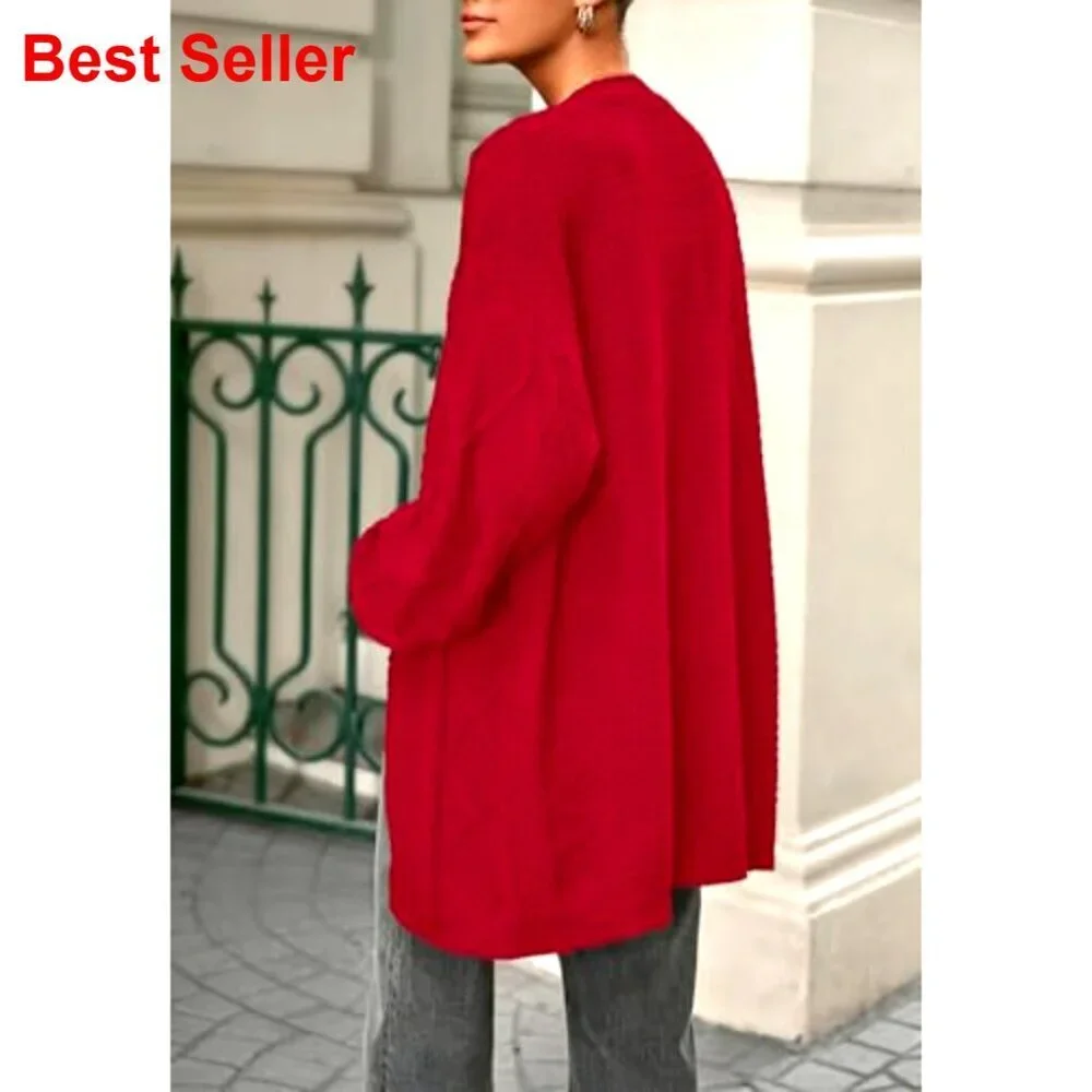 Cable Knit Open Front Chunky Cardigan Lantern Sleeve Oversized Sweater